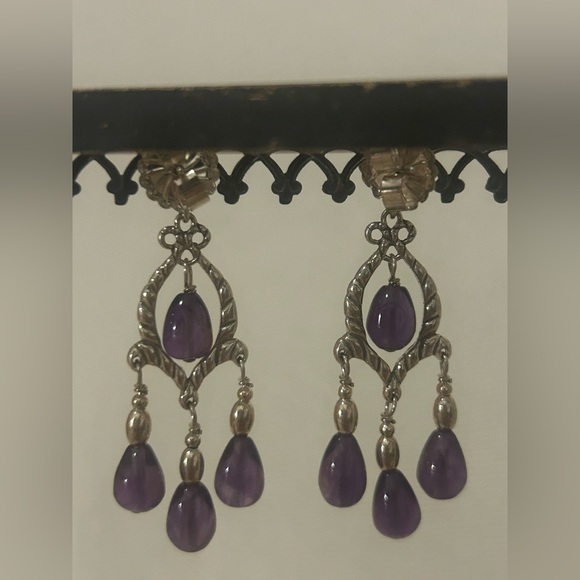 CAROLYN POLLACK STERLING Silver Dangling AMETHYST Bead TEARDROP EARRINGS - Picture 2 of 2